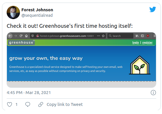 tweet where forest proclaims that greenhouse is hosting itself for the first time