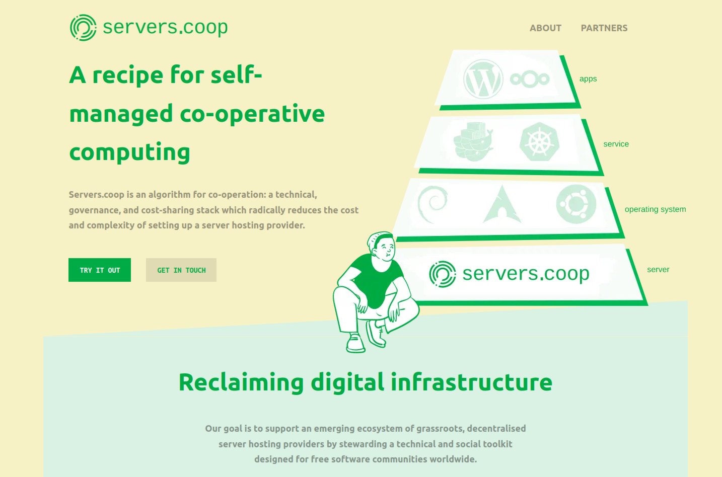 A screenshot of the servers.coop website, reads "A recipe for self-managed co-operative computing". a food-pyramid-like diagram showing applications at the top, sitting on top of services like docker swarm and kubernetes, resting on top of operating systems like debian, ubuntu and arch linux, all resting on top of servers  with the servers.coop logo. A drawing of a cute androgynous person in a beanie hat squatting next to the pyramid, above  "Reclaiming Digital Infrastructure"