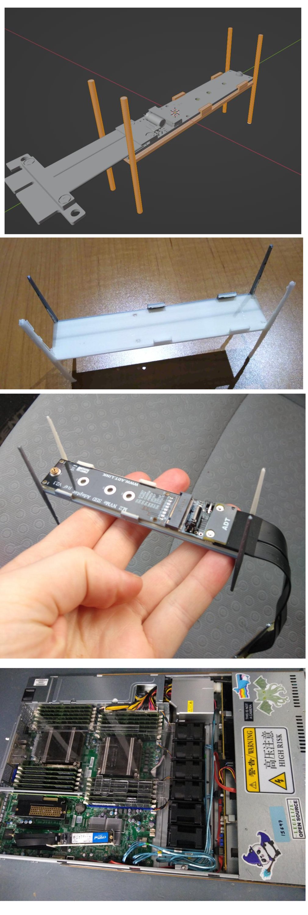 A screenshot and three photos,   the first shows the 3d model of  the bracket interfacing with a 3d CAD model of the NVME adapter.  A photo of the 3d-printed elongated table shaped bracket with clips on the sides and four legs sticking out both the bottom and top,  The same bracket with an ADT brand PCI-e to NVME flexible-cable-based adapter clipped onto the table,  and the same table with a Crucial brand NVME drive installed in the adapter. The whole thing is shown as it fits loosely inside inside Baikal our 1U rack-mounted server. The server is covered in silly stickers including a kawaii panda bear with a wizard's hat and staff, a cthulu, a docker whale with a nyan-cat rainbow behind it, and a WARNING HIGH RISK sticker featuring chinese characters and a high voltage symbol.