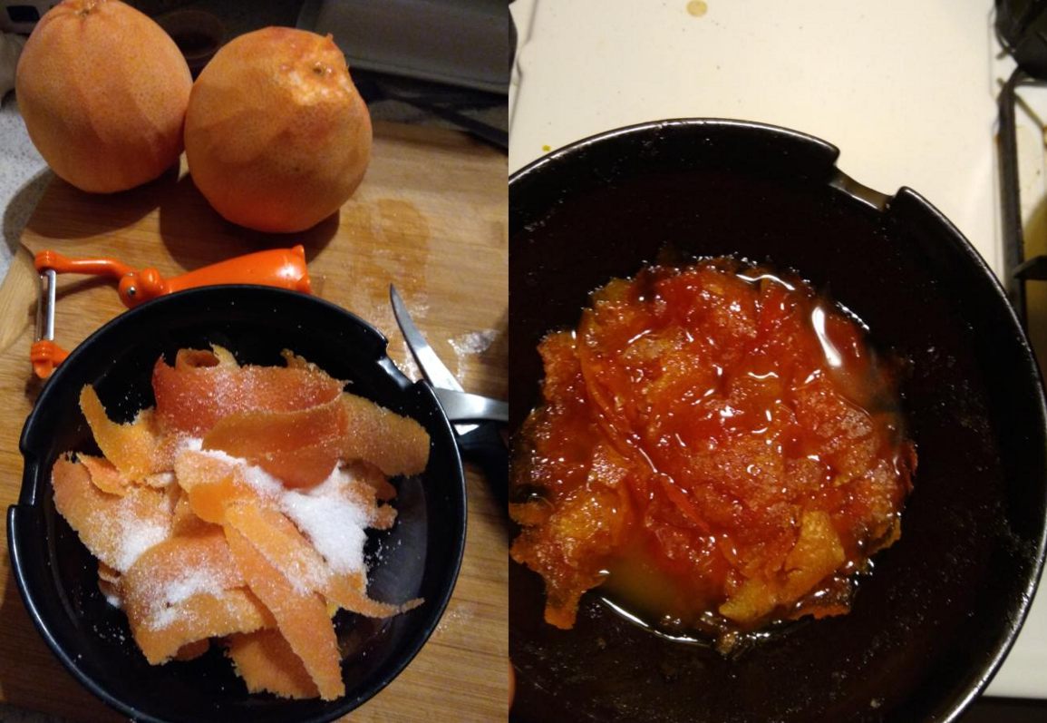 two photos. left showing peeled grapefruit rinds and white sugar in a bowl, right showing the resulting gooey syrupy mess 8 hours later
