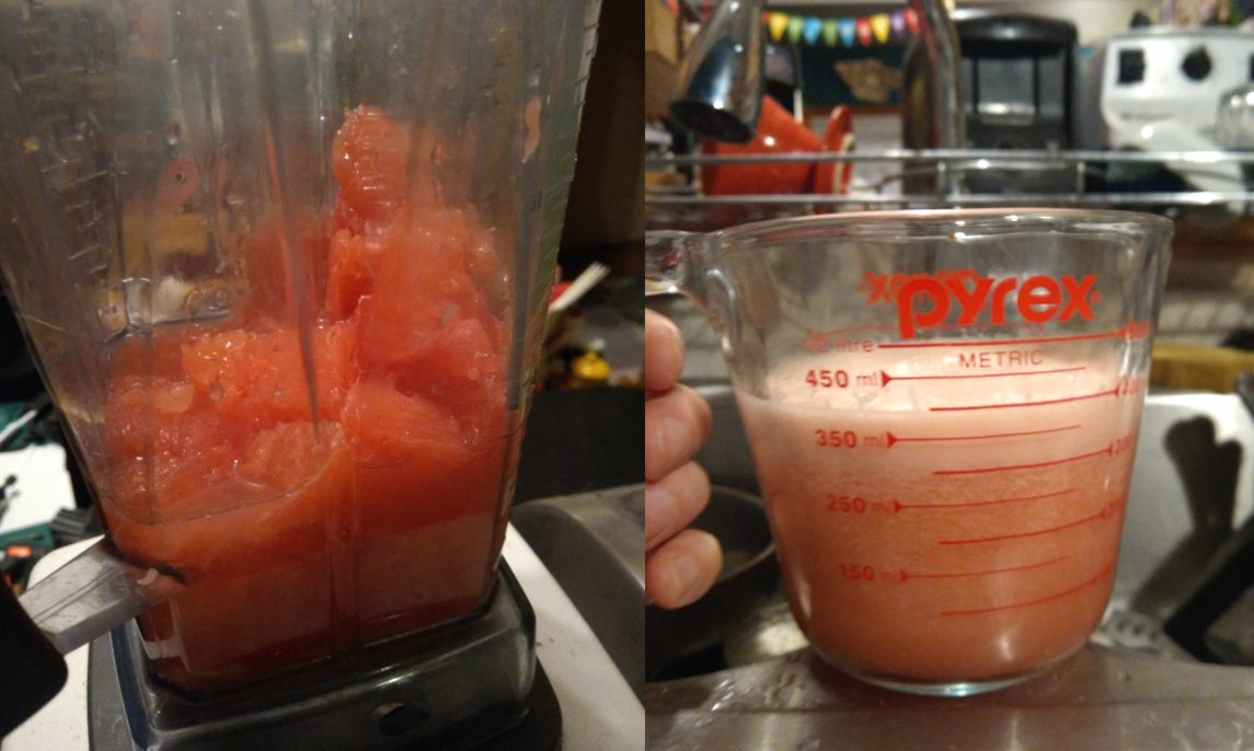 Two photos. Left: whole chunks of red grapefruit in a blender carafe. Right: foamy pink blended grapefruit juice in a liquid measuring cup 