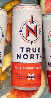 a can of true north energy seltzer, grapefruit flavor, advertising zero sugar and zero artificial sweeteners