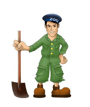 a horribly proportioned little cartoon man holding a poop shovel and wearing an official's cap with the word ZOO emblazened on it. Also his brown shoes are massive and look like clown shoes