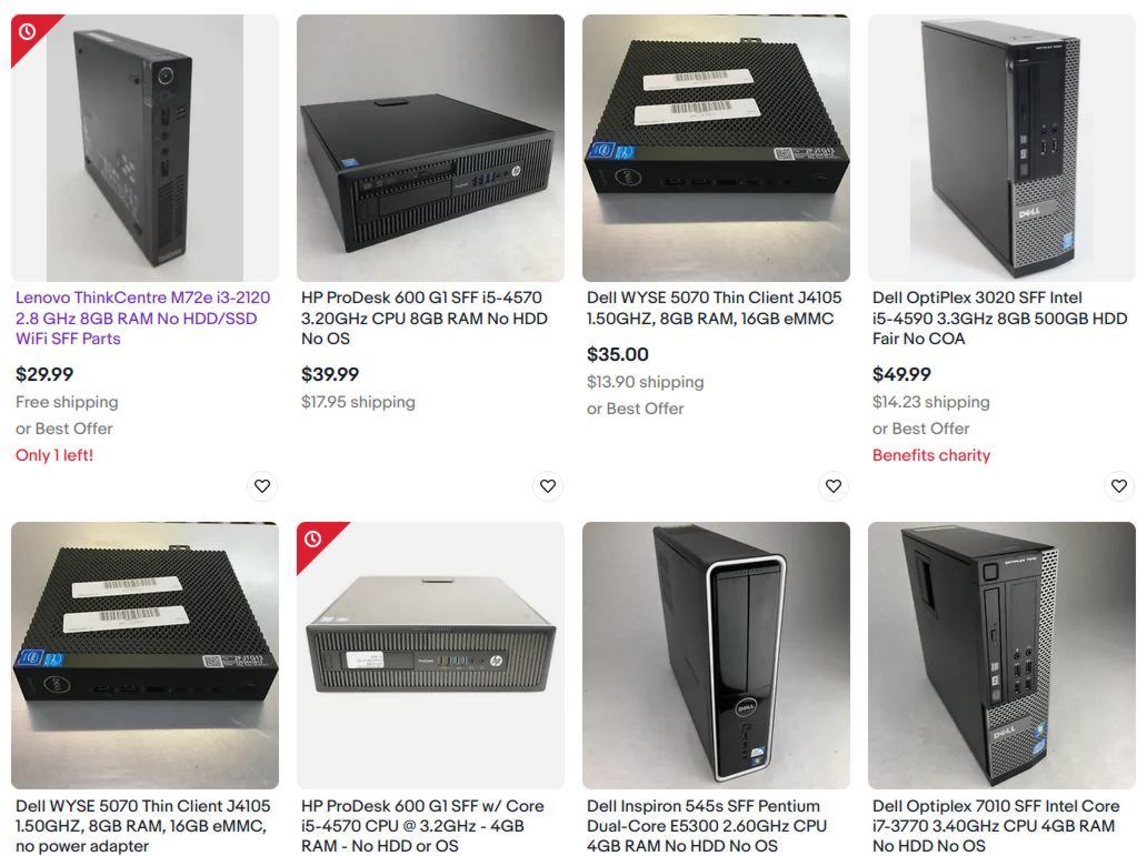 screenshot of ebay search results for desktop computers with 4 or 8 gigabytes of ram in the $20 to $50 price range. many used thin client PCs, old small form factor lenovos & dell optiplexes, etc