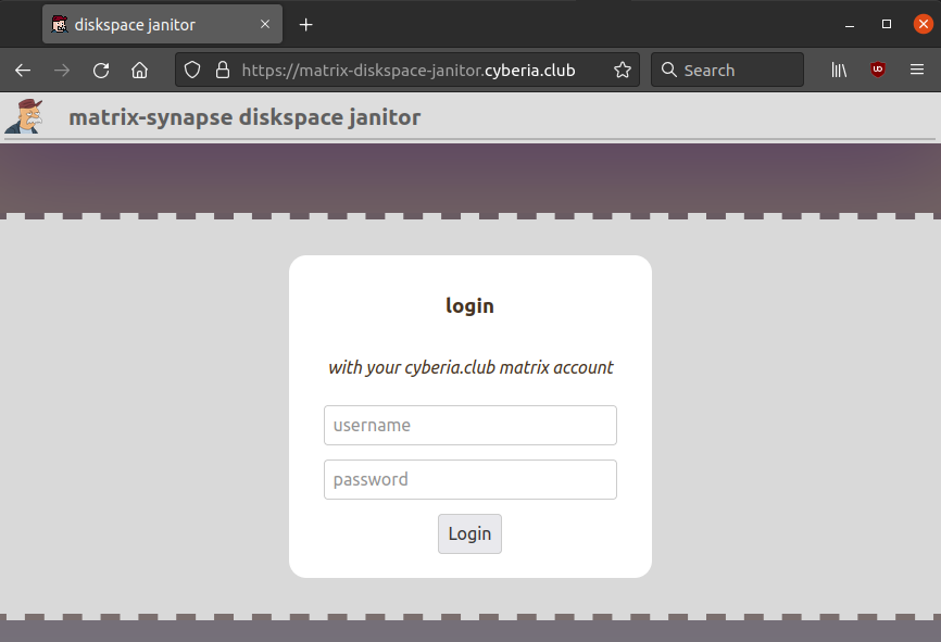 web browser navigated to matrix-diskspace-janitor.cyberia.club displaying a login form saying "log in with your cyberia.club matrix account"