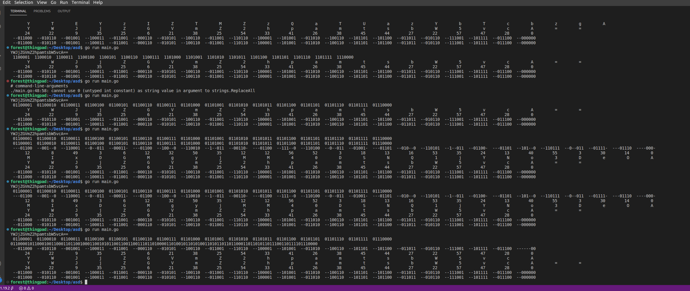 a screenshot of my vscode terminal where I have re-run the go program multiple times. Each time it output multiple different binary, decimal, and string representations of ascii characters and base64 digits. The representations line up more and more neatly as I fix bugs and re-run the code.