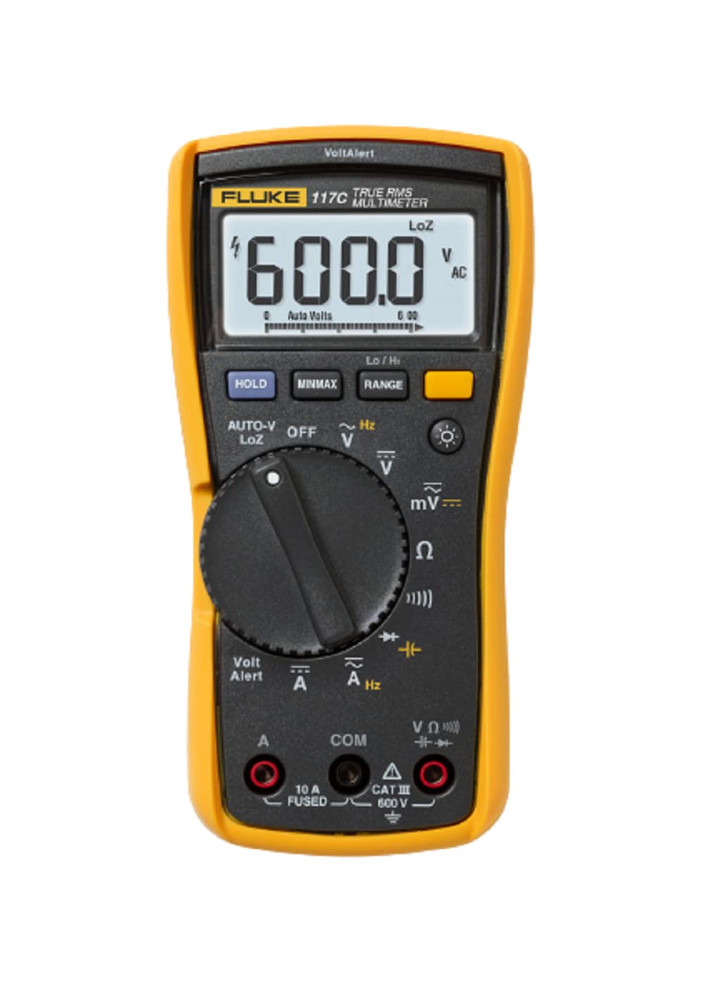 Product image of Fluke 117 multimeter, showing a much more detailed display with a real-time floating LCD bar display representing the log-scale of the measurement.