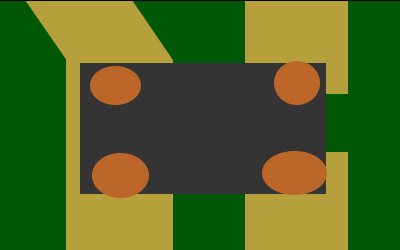 There are two parallel gold traces on the PCB going top to bottom. The switch is wider than it is tall. The left trace connects to the left two pins of the switch, and the right two pins of the switch bridge a gap in the right trace..