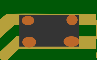 There are two parallel gold traces on the PCB going right to left. The switch is wider than it is tall. The top trace connects to the top two pins of the switch, and the bottom trace connects to the bottom two pins of the switch.