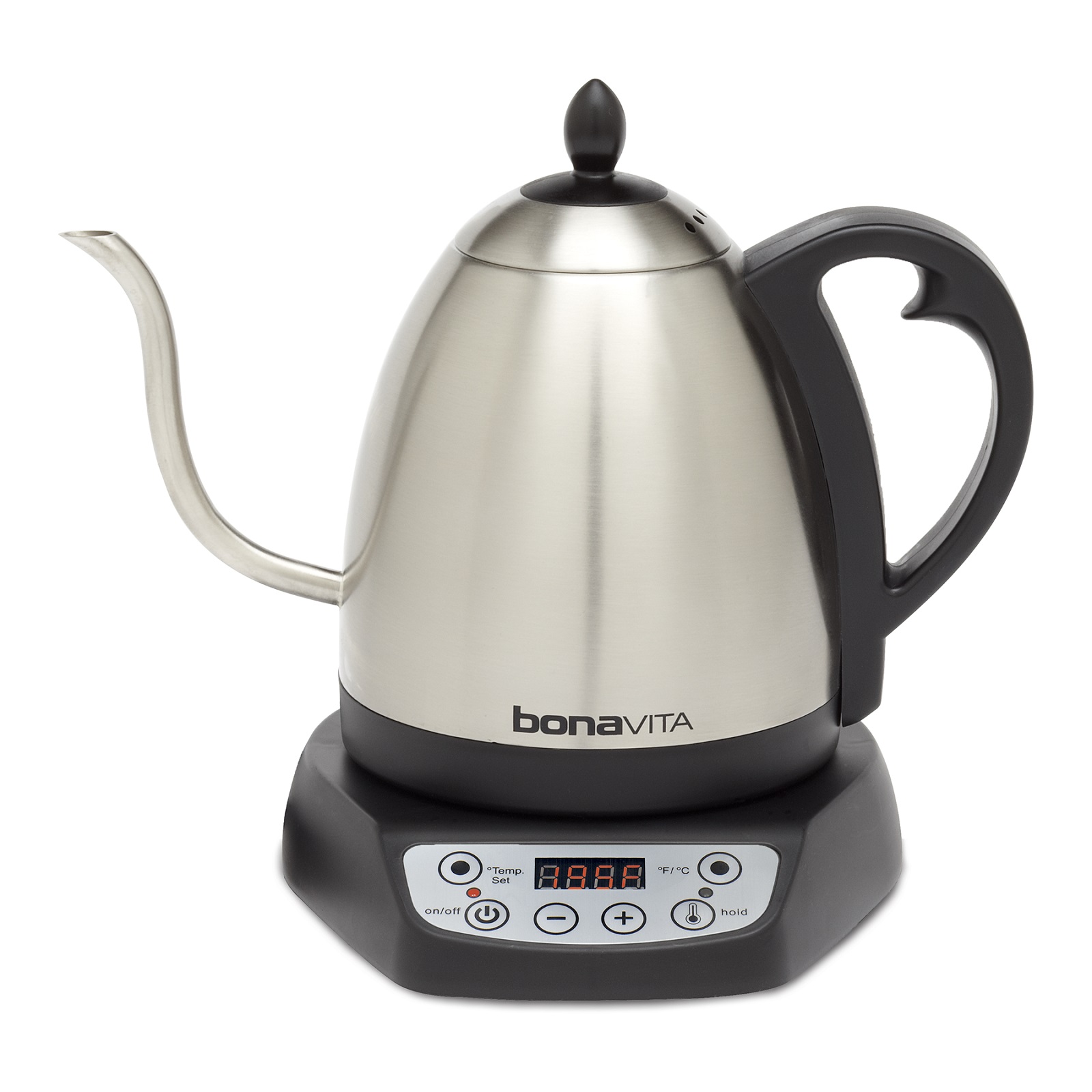 Shiny product listing image of silver goose neck electric kettle with brushed metal appearance and black plastic base.  An oldschool digital LCD segment display on the base displays the temperature, with tactile buttons to control it.