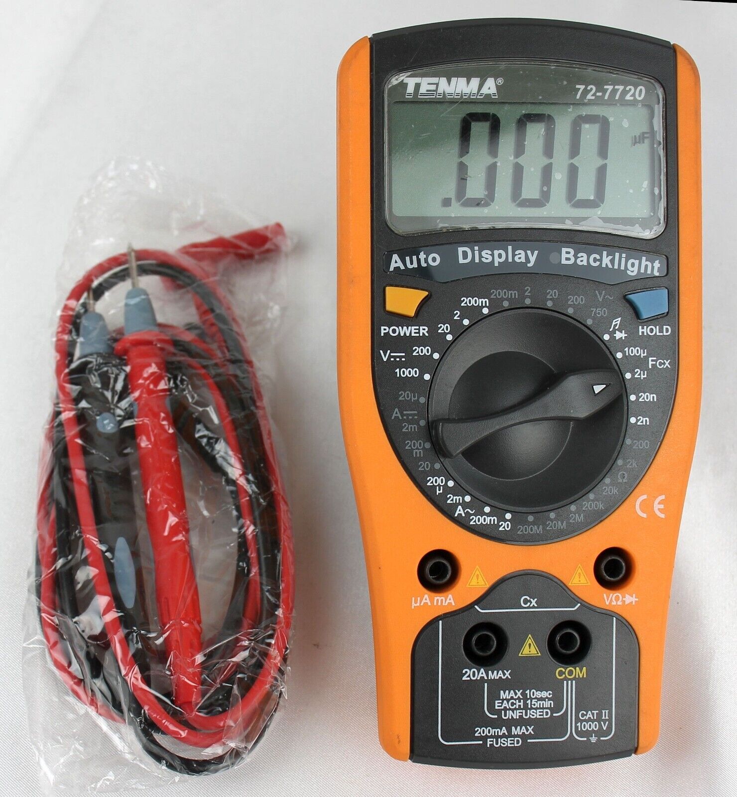 Product image of TENMA multimeter, showing a basic LCD segmented display and a radial selector offering various different orders-of-magnitude of Volts DC, Volts AC, Ohms, and other things