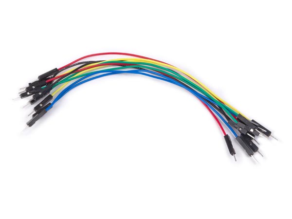 Product image of a set of wires. Each wire is a different color and about 3-4 inches long. Each wire has a plastic terminal on each end, with a thick square metal pin sticking out the end. 