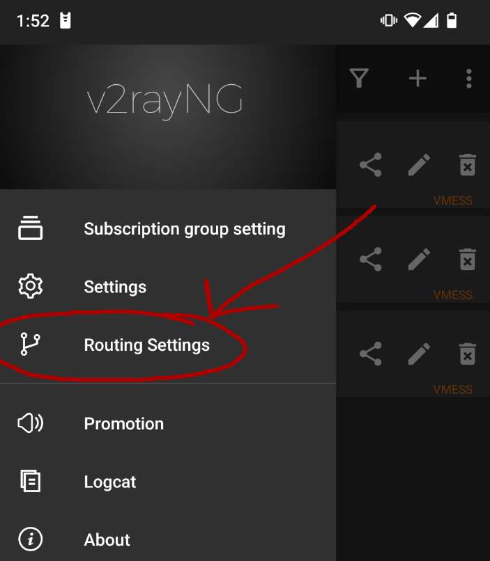 Screenshot of the v2rayNG settings drawer, with the Routing Settings highlighted.