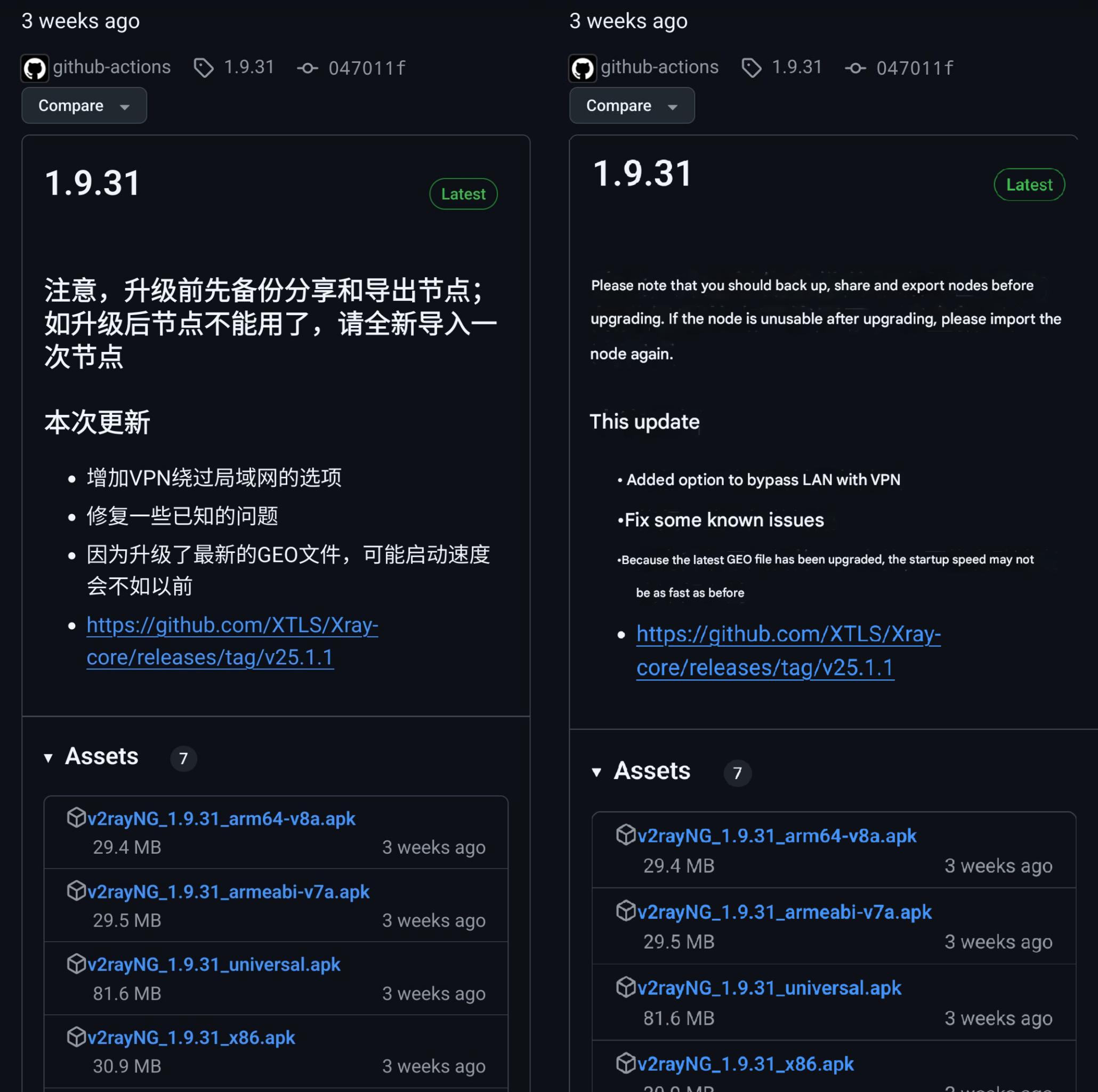 A screenshot of the Github  releases page for v2rayNG. The release notes are in chinese. The machine translation says "Added option to bypass LAN with VPN", "Fix some Known Issues",  "Because the latest GEO file hsa been upgraded, the startup speed may not be as fast as before" 