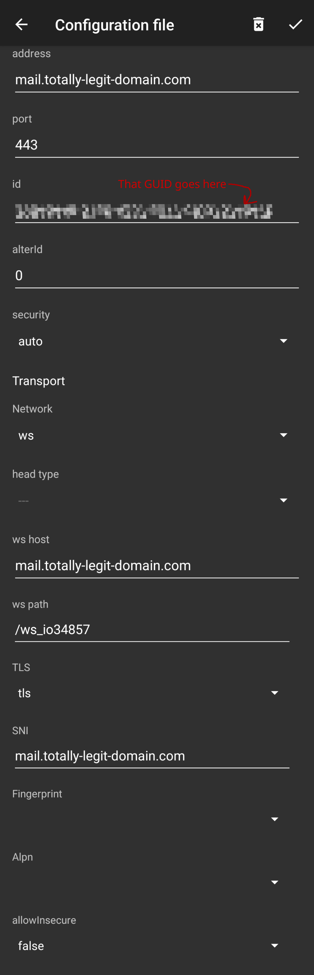 A Screenshot of the v2RayNG server connection information configuration page. All of the hostnames and SNI are set to mail.totally-legit-domain.com. The "id" field is set to that GUID we generated earlier. TLS is set to TLS, transport network is set to WS, and the "ws path"  is set to /io_34857  