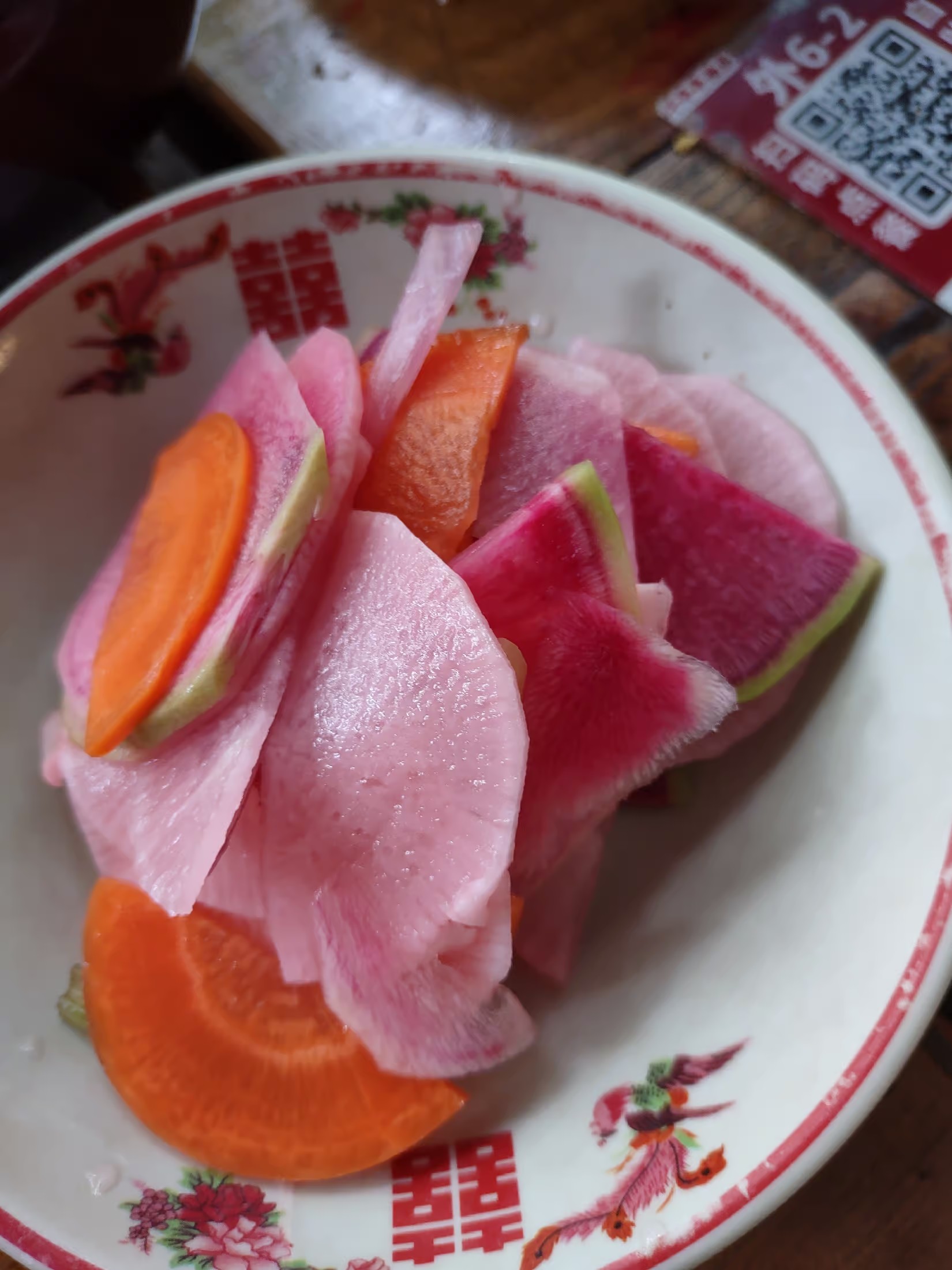 spicy pickled carrots and colorful radishes