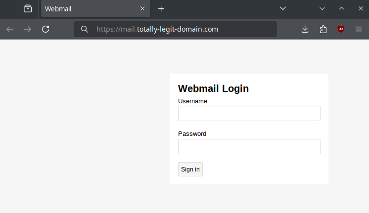 A screenshot of mail.totally-legit-domain.com showing a "Webmail Login" form with Username and Password inputs.